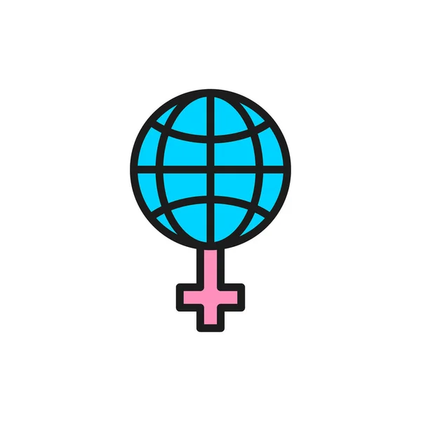 Feminismus na světě, glóbus s ženským znakem ploché barevné čáry ikony. — Stockový vektor