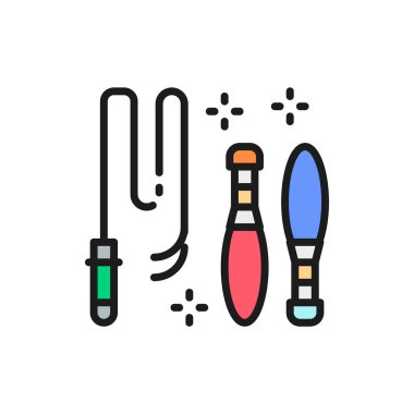 Sirk ekipmanları, hokkabazlık kulüpleri set ve düz renk çizgisi simgesi.