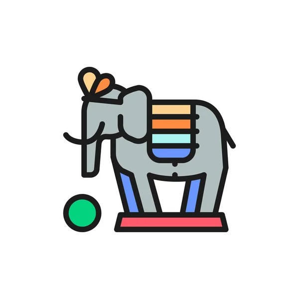 Wektor słoń, cyrk zwierząt pokazać płaską linię kolorów ikona. — Wektor stockowy