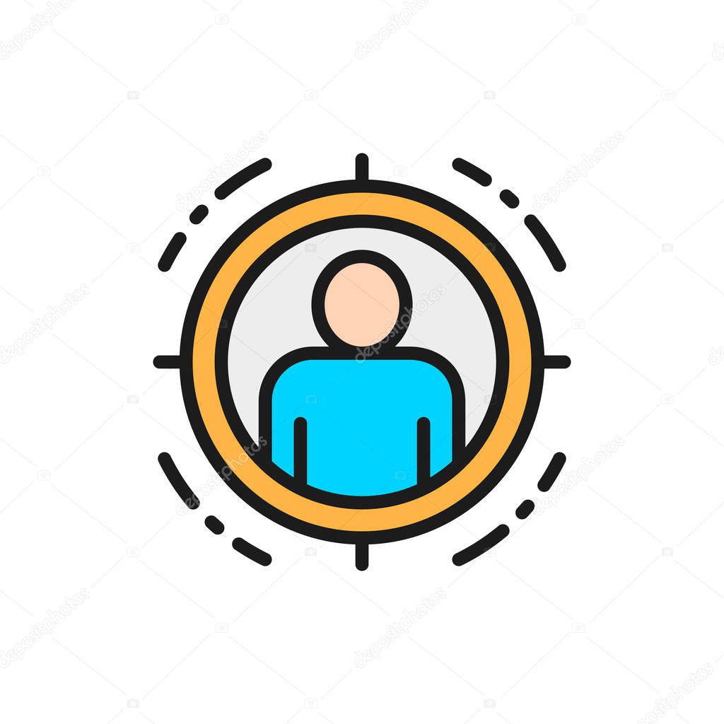 Man in target scope, identity check flat color line icon.