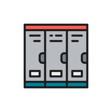 Dolaplar, okul dolapları, soyunma odası düz renk çizgisi simgesi.