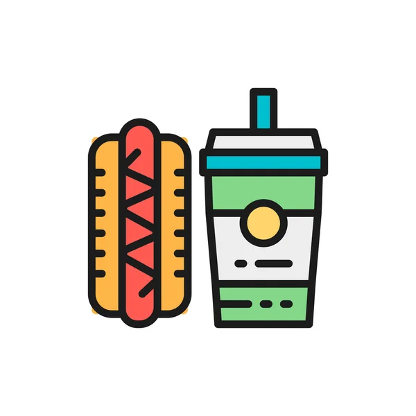 Fast food, hot dog and drink flat color line icon. — Stock Vector