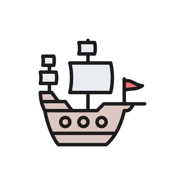 Antiguo barco, velero, piratas transporte plano icono de la línea de color . — Vector de stock