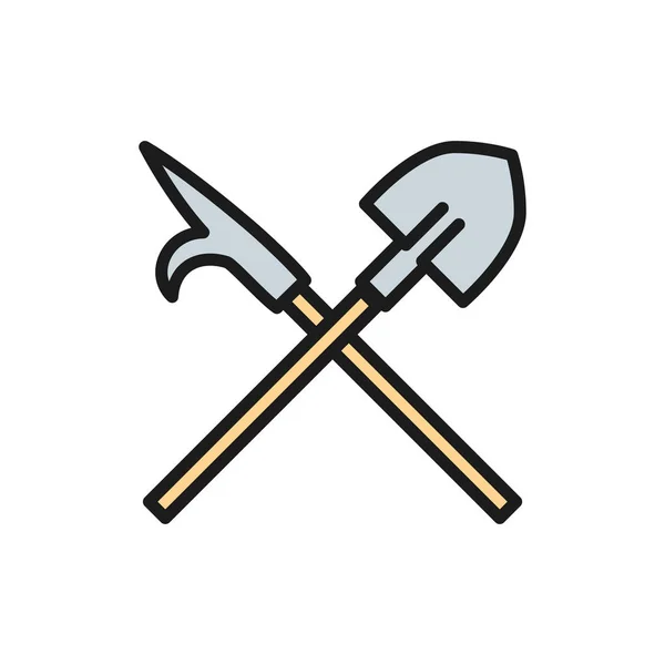 Fire gaff with shovel, firefighter equipment flat color line icon. — 스톡 벡터