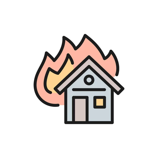 Burning house, fire insurance flat color line icon. — Stock Vector