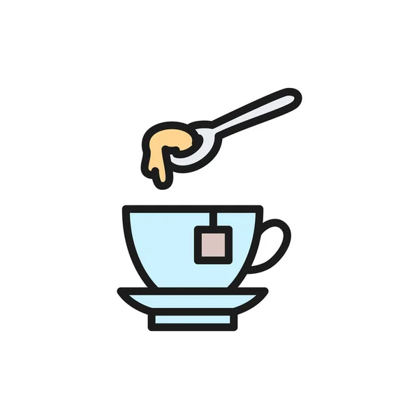 Taza de té con cuchara de miel icono de línea de color plano . — Vector de stock