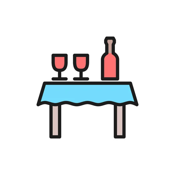 Mesa con botella de vino y copas de color plano icono de línea . — Vector de stock