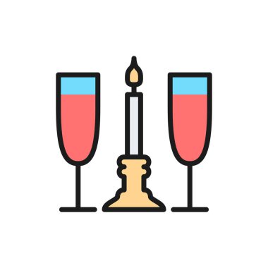 Mumlu iki bardak, romantik düz çizgi simgesi.