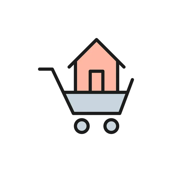 Vagn med hus, försäljning av byggnader platt färg linje ikon. — Stock vektor