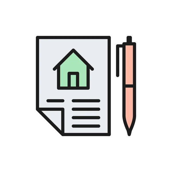 Home purchase contract, sale of real estate, lease flat color line icon. — Stock Vector