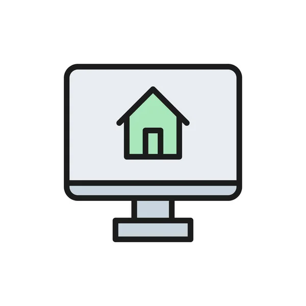Övervaka med hus, app för fastigheter platt färg linje ikon. — Stock vektor