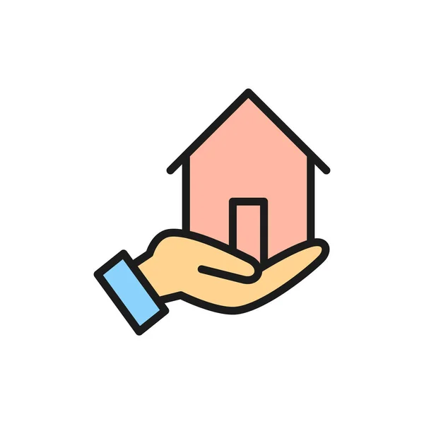 Main tient maison, assurance habitation, protection immobilière icône de ligne de couleur plate . — Image vectorielle