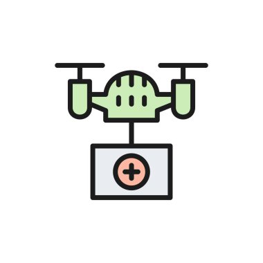 Tıbbi kutulu İHA, hızlı teslimat, düz renkli ulaşım çizgisi simgesi.