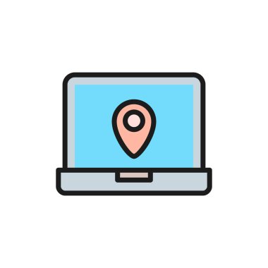Hedef işaretli dizüstü bilgisayar, navigatör, konum düz renk çizgisi simgesi.