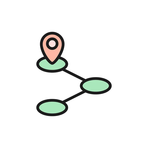 ベクトルルート、地理位置、目的地フラットカラーラインアイコン. — ストックベクタ
