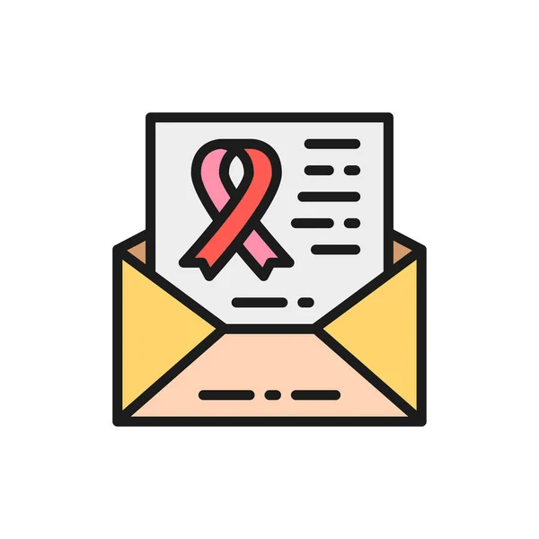 Lettre avec ruban de sensibilisation, greffe d'organes, icône de ligne de couleur plate de charité . — Image vectorielle