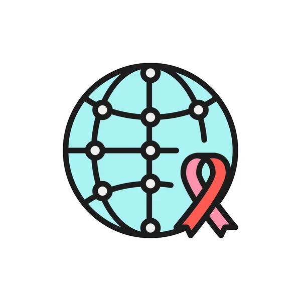 Journée mondiale de charité, globe avec ruban de sensibilisation, icône de ligne de couleur plate don — Image vectorielle
