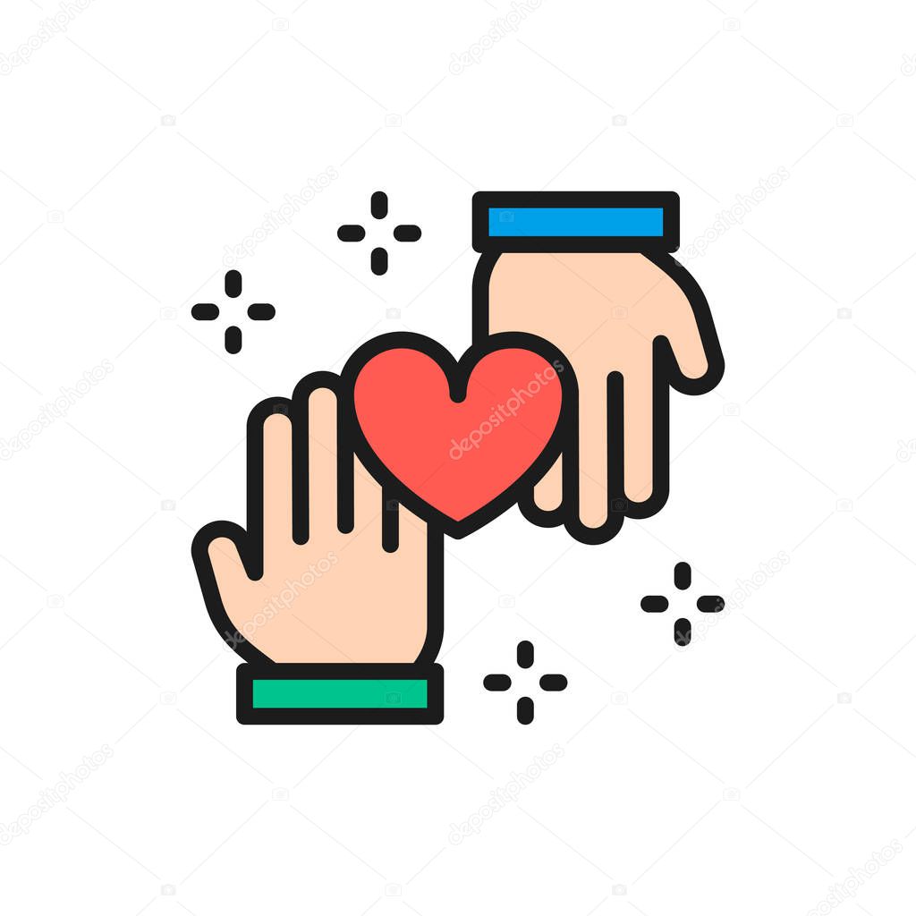 Vector hands with heart, donation, volunteering, good deeds color line icon. Symbol and sign illustration design. Isolated on white background