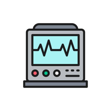 Nabzı atan ekg makinesi, Icu monitörü, elektrokardiyograf düz renk çizgisi simgesi.