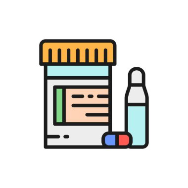 Tablets, ampoules, medicine flat color line icon.