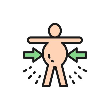 Abdominal distention, obesity, stomachache flat color line icon.