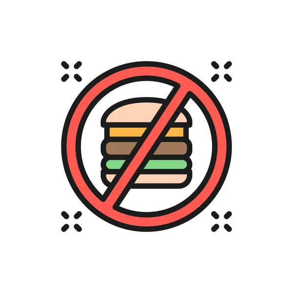 Forbidden sign with a hamburger, no fast food flat color line icon. — Stock Vector