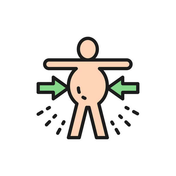 Abdominal distention, obesity, stomachache flat color line icon.
