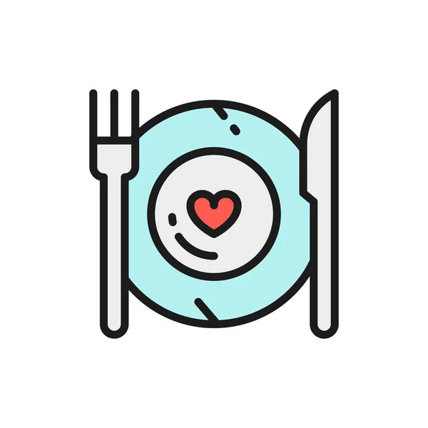 Healthy food, plate with fork and knife, restaurant menu flat color line icon. — Stockvector