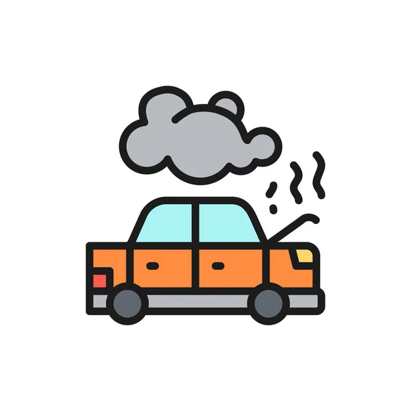 Car broke down, automobile smoking under hood, accident flat color line icon. — Stock Vector