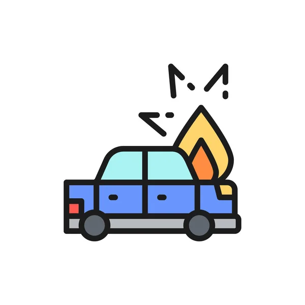 Fuego debajo de la capucha del coche, automóvil se rompió, accidente de color plano icono de la línea . — Vector de stock