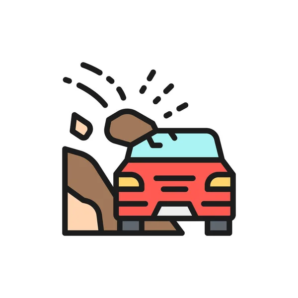 Deslizamientos de tierra, accidente en la carretera, piedras colapsaron en el icono de la línea de color plano del coche . — Vector de stock