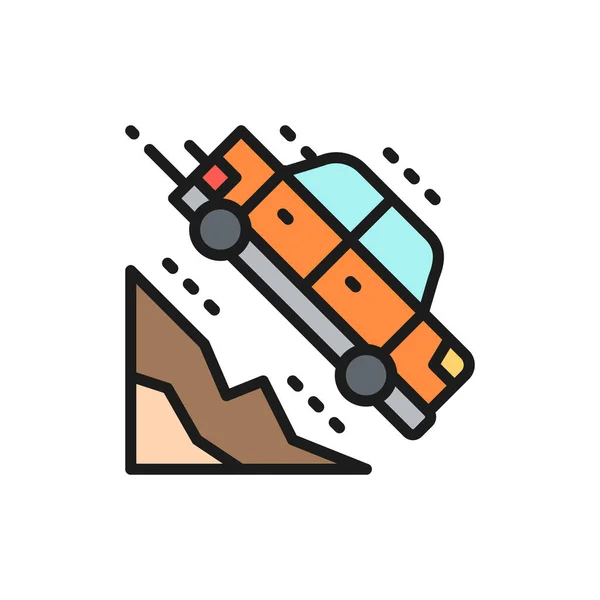 Car falls off a cliff flat color line icon. — Stock Vector