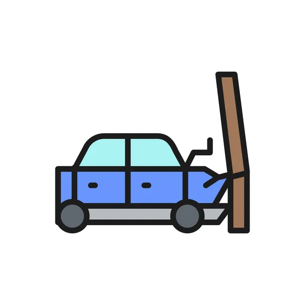 Frappe de voiture dans un poteau, accident de transport, icône de ligne de couleur plate accident . — Image vectorielle
