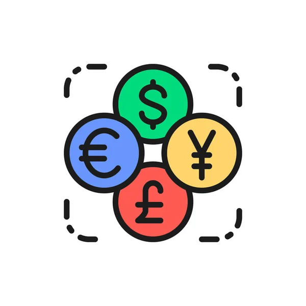 Wisselkantoor, buitenlands geld, munt van de dollar, euro, yen platte kleur lijn pictogram — Stockvector