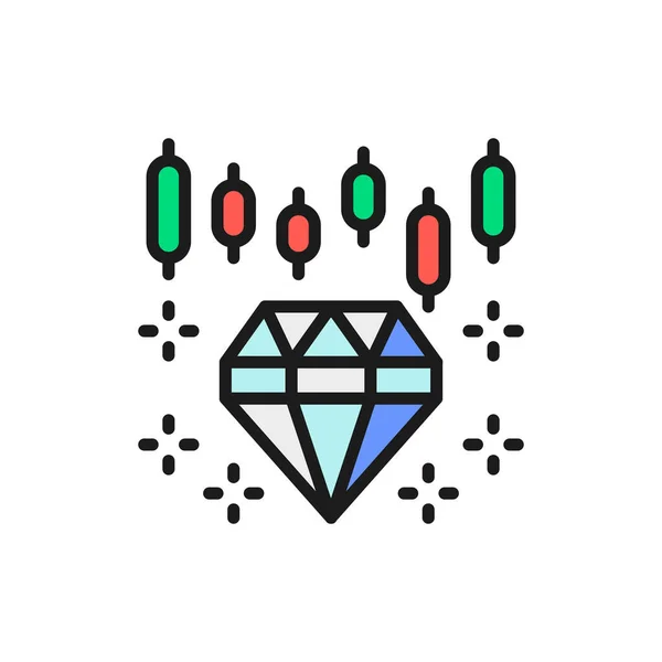 Gráfico de crecimiento del índice de diamantes, aumento del costo de las joyas icono de línea de color plano . — Vector de stock