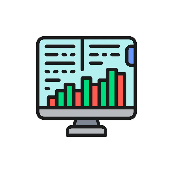 Monitor de computador com gráficos de crescimento, mercado de ações, comércio financeiro ícone de cor plana — Vetor de Stock