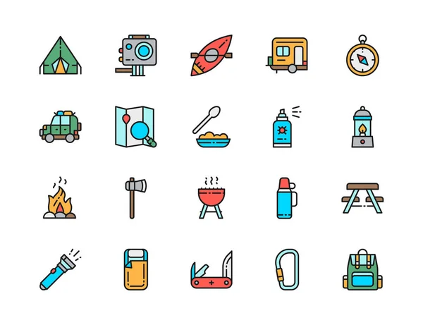 Set di icone della linea Camping Flat Color. BBQ, canoa, rimorchio, lampada a gas e altro ancora . — Vettoriale Stock