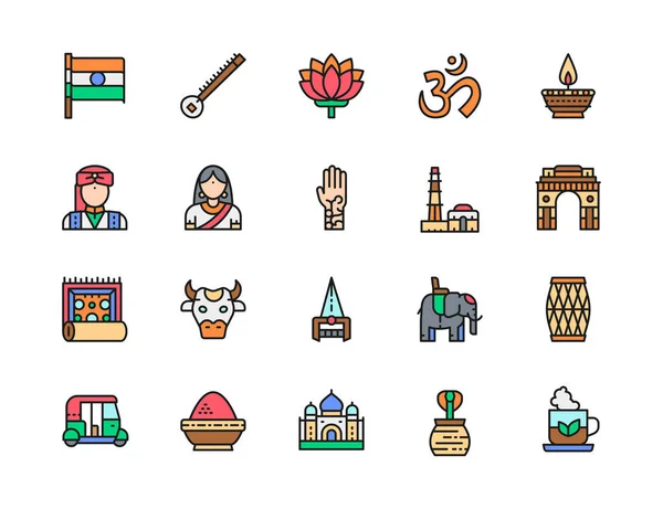 Set von Symbolen für die flache Farblinie der indischen Kultur. Elefant, Kobra, Mantra und mehr. — Stockvektor
