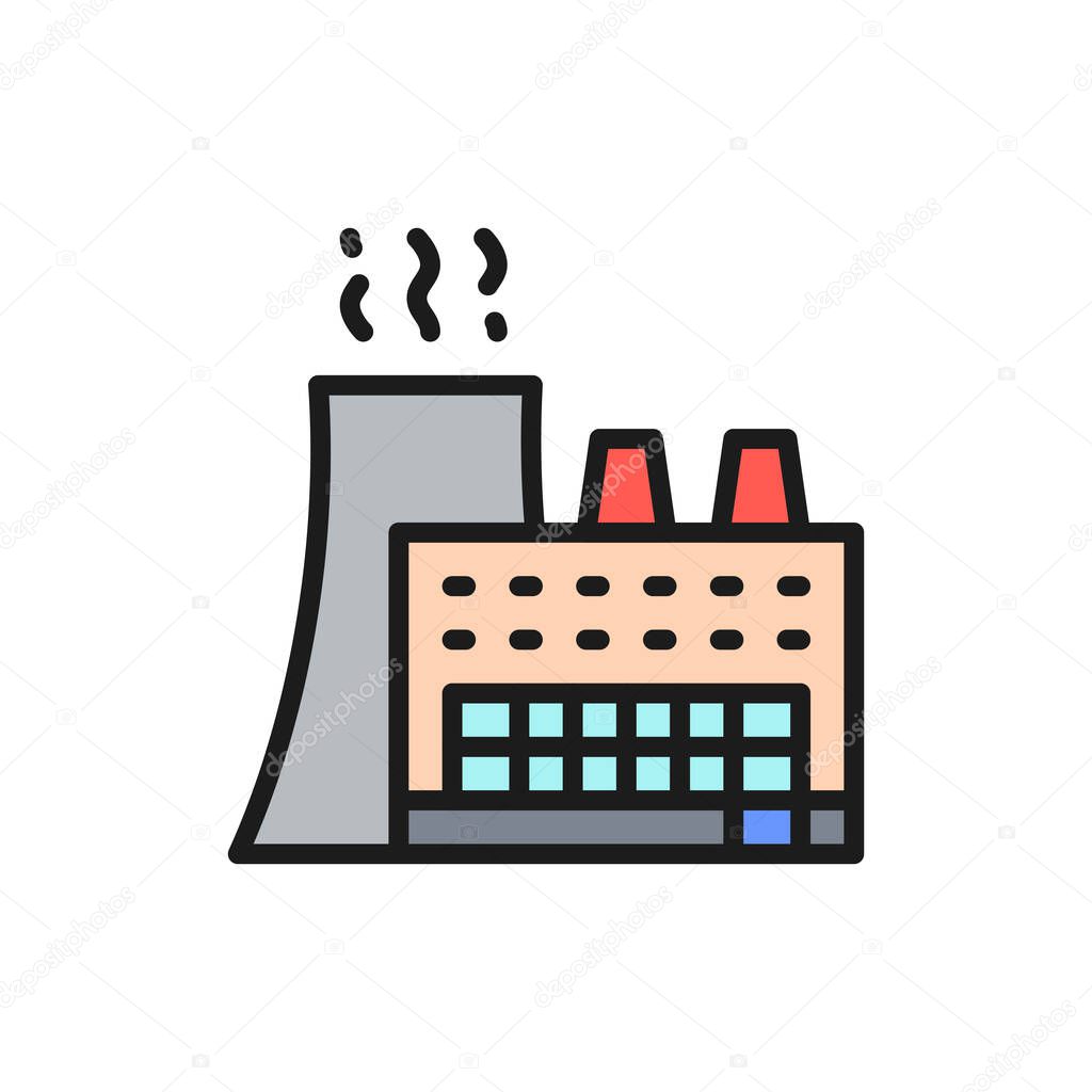 Factory, industrial building flat color line icon. Isolated on white background