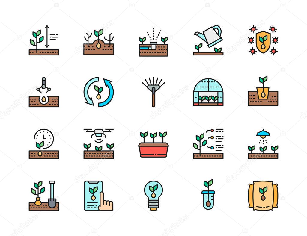 Set of Planting Flat Color Line Icons. Rake, Greenhouse, Agriculture and more.