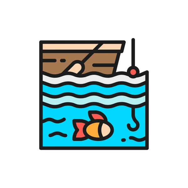 Pêche sur bateau icône de ligne de couleur plate . — Image vectorielle