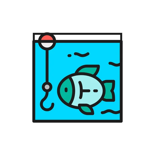 Rybaření, háček s rybami pod vodou ploché barevné čáry ikony. — Stockový vektor