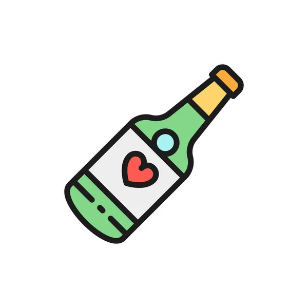 Bouteille de champagne, icône de ligne de couleur plate boisson de mariage . — Image vectorielle