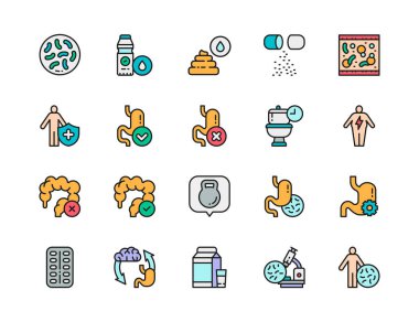 Set of Probiotic Color Line Icons. Lactobacilli, Intestines, Vitamins and more. clipart
