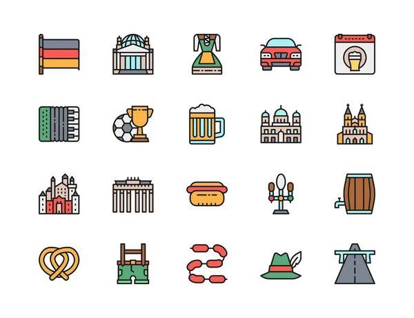 Σύνολο Γερμανικού Πολιτισμού Flat Color Icons. Highway, Oktoberfest, Accordion και άλλα — Διανυσματικό Αρχείο