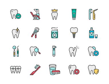 Dişçilik Düz Renk Çizgisi Simgeleri Kümesi. Takma diş, diş macunu, diş fırçası ve daha fazlası.