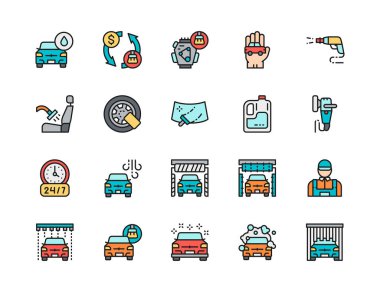 Araba Yıkama Düz Renk Simgeleri. Otomatik yıkama, tekerlek kilidi, ön cam ve daha fazlası..