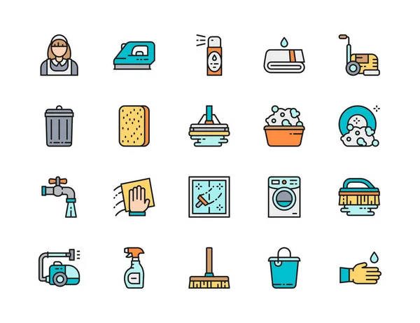 Ensemble d'icônes de nettoyage de ligne de couleur plate. Femme au foyer, désodorisant, seau et plus — Image vectorielle