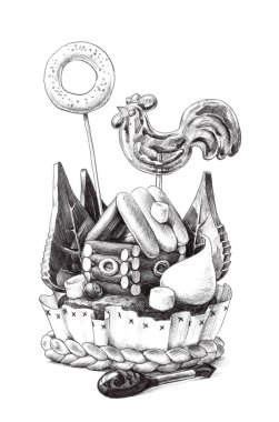 Ekmek evi, kurabiye, lokum, çikolata ağaçları, karamel horozla süslenmiş geleneksel Rus ekmeği şeklinde kek.. 