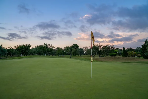 Golf yeşil çimen mavi bulutlu yaz gökyüzü arka planda — Stok fotoğraf